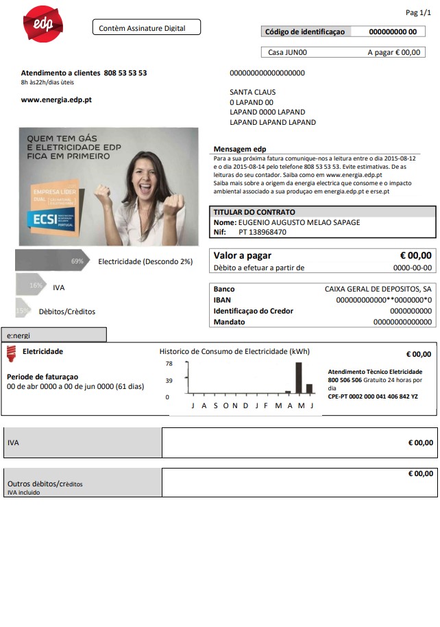 Portugal EDP electricity utility bill template in Word and PDF format